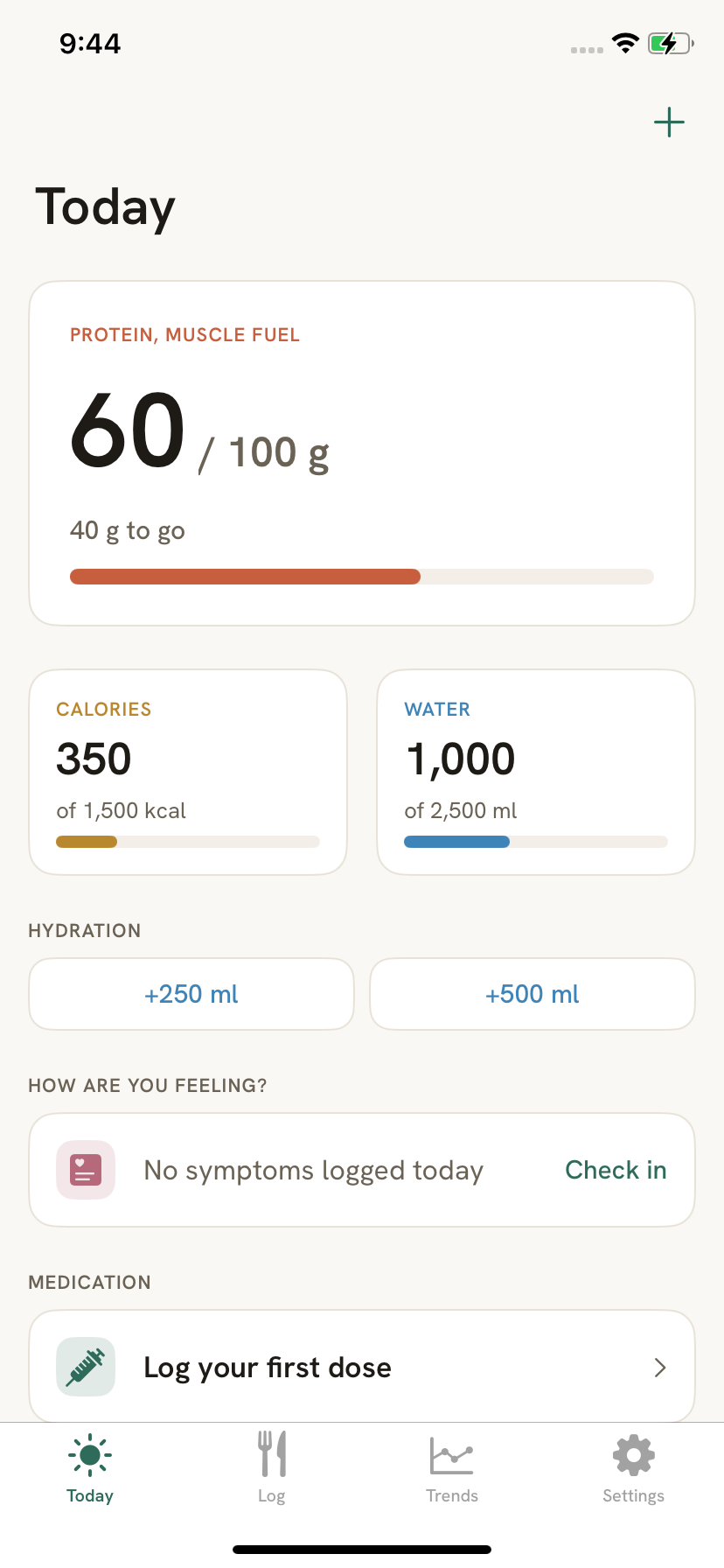 Aplomb Today screen showing protein as the hero metric